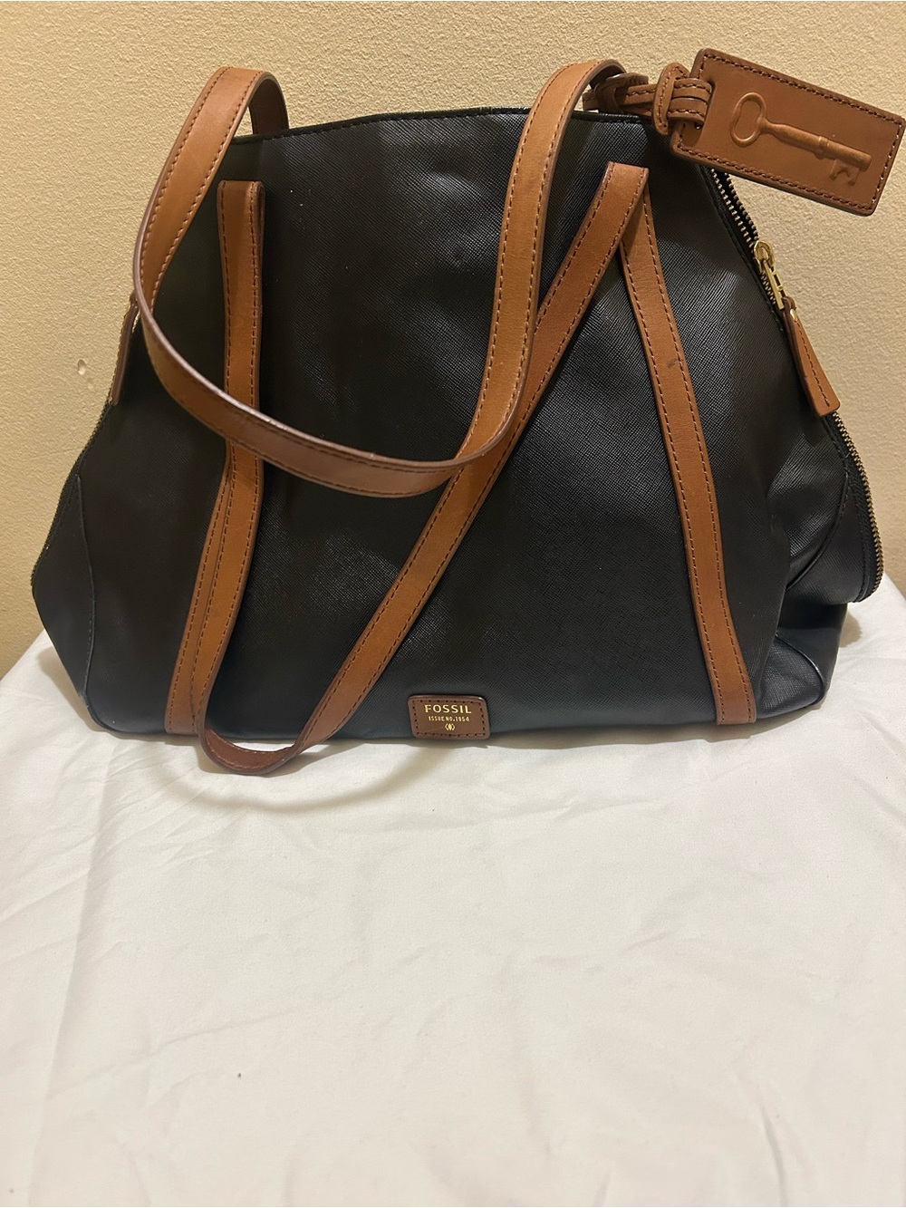 Fossil Black Tote with Tan Leather Trim